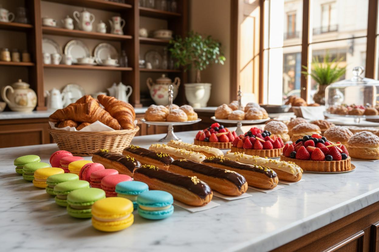 Macarons, éclairs and fruit tarts on a Parisian pâtisserie counter