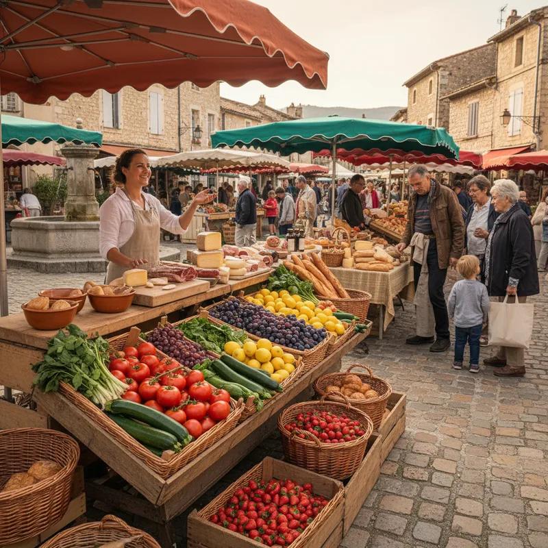A village market in Provence with baskets of tomatoes, lemons and fresh bread