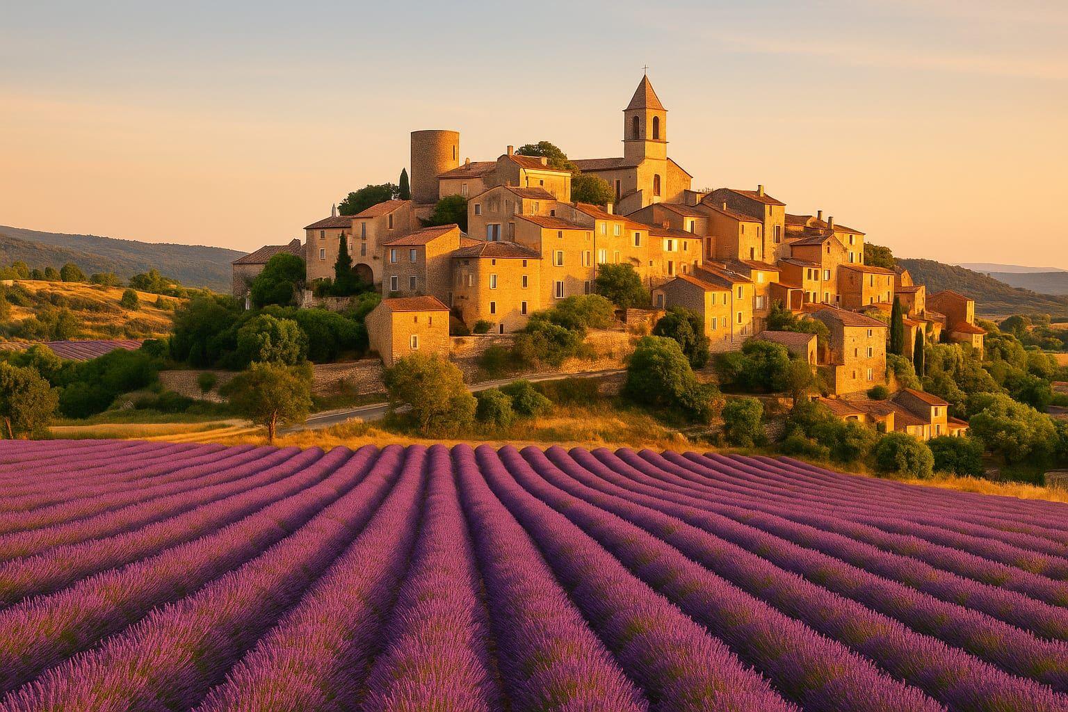 A hilltop village in Provence glowing at sunset above rows of lavender