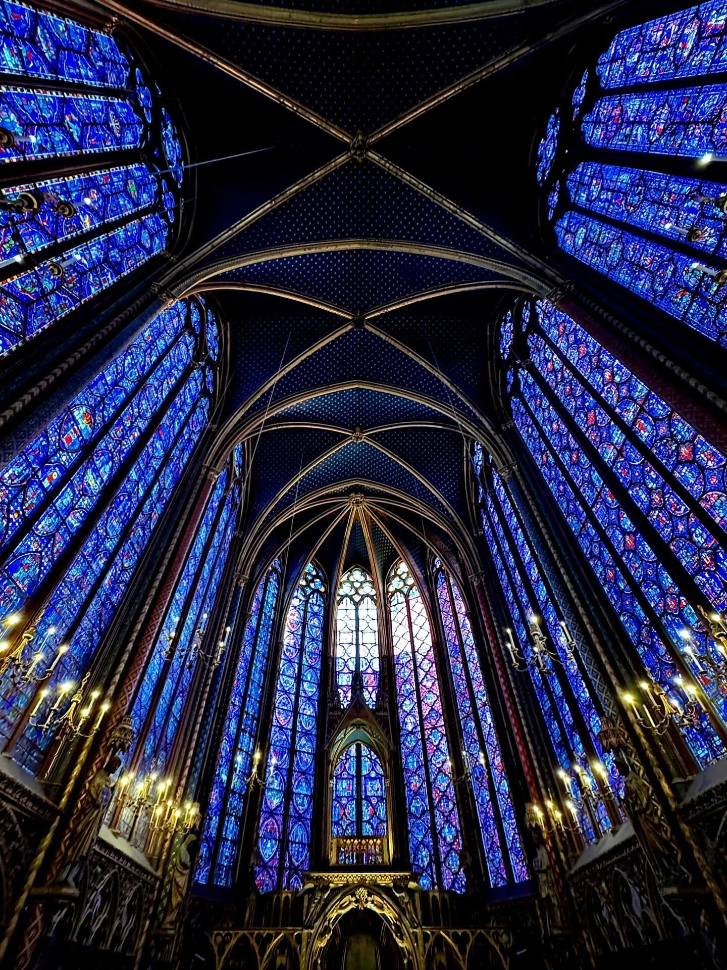 The blue stained-glass windows of the Sainte-Chapelle in Paris